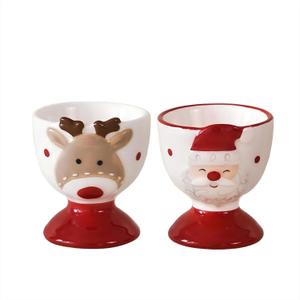 Christmas Ceramic Egg Cup Holder, Red Santa Claus and Elk Design, Festive Breakfast Tableware, Microwave Safe (A pair)