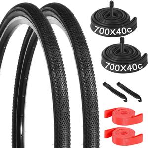 yeesport 700 x 40c Bike Tires, 2 Pack Foldable 42-622 700x40c Tires and 700x38/40/42c Inner Tubes 48mm A/V Valve with Rim Strips, 700c Gravel Bike Tires