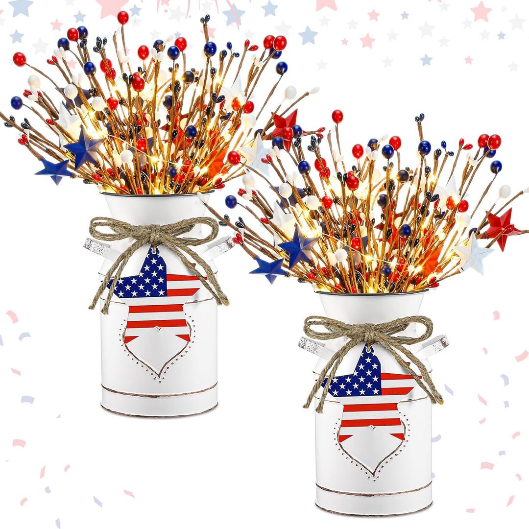 Tioncy 2 Sets 4th of July Patriotic Table Centerpieces Lighted Artificial Memorial Day Red White Blue Berry Stems Flag Star with Metal Vase Light Rustic 250th Anniversary Decor for Home Dining Table