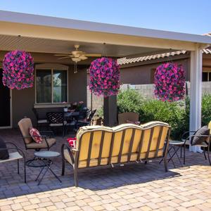 Artificial Fake Fall Hanging Flowers Plants Baskets for Outdoor Decoration, 5Pcs Faux Silk Hibiscus Long Vines in Planter UV Resistant Realistic Flower for Outside Home Porch Patio Garden, Pink Purple
