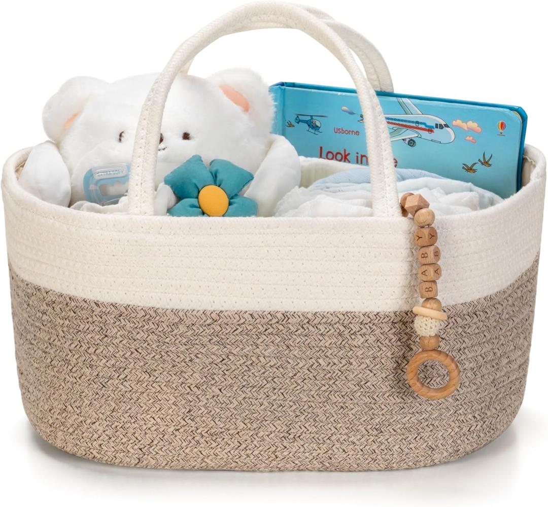 Diaper Caddy Organizer, Empty Gift Basket for Newborn Essentials, Baby Storage Basket, Stylish Gift Bag for Baby Shower, Boys and Girls  Large, White and Beige Brown (Large - 15.7"L x 10.2"W x 8.3"H)