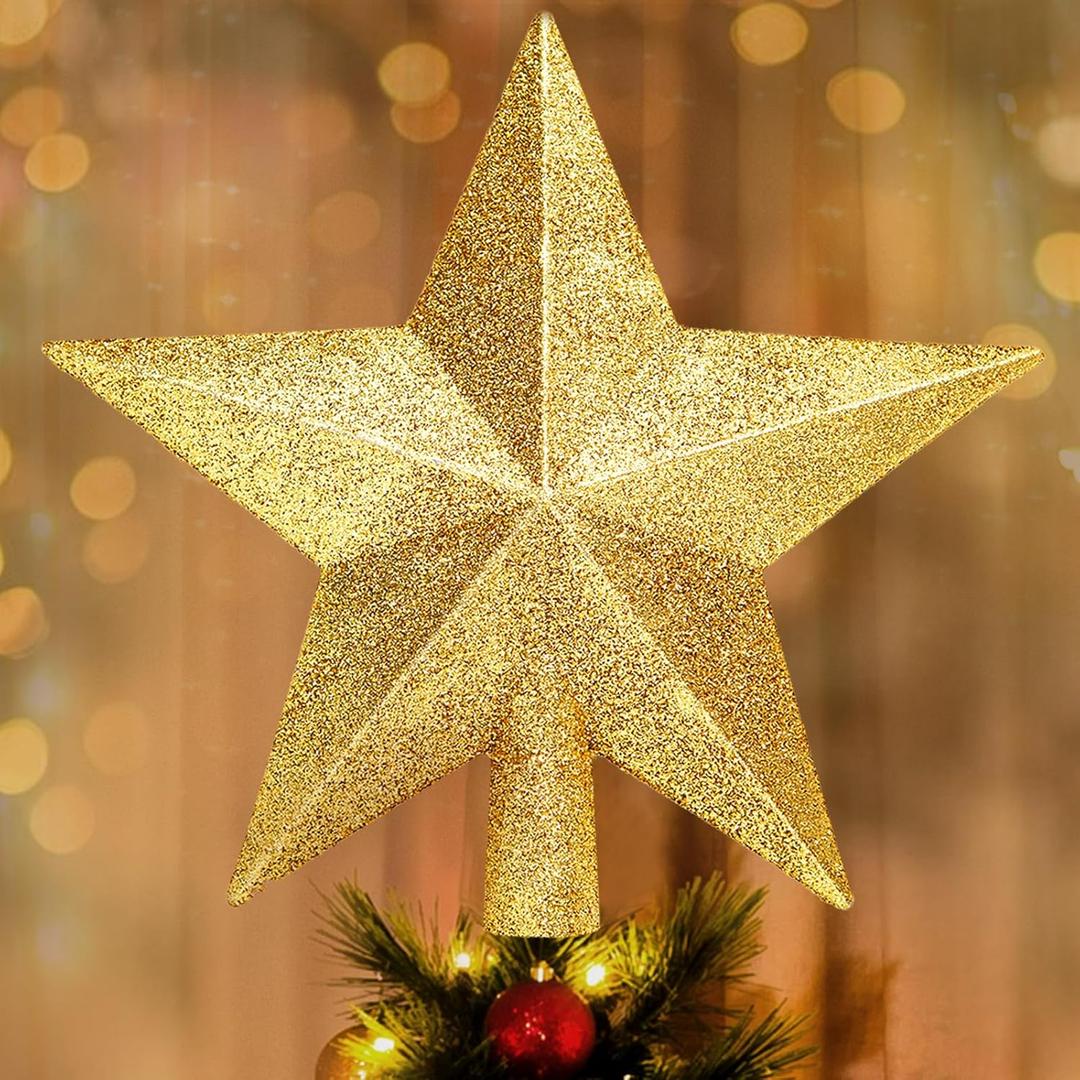 Glitter Christmas Star Tree Topper for Holiday Decorations, Christmas Tree Decoration for Holiday Ornament and Home Decor, Shatterproof Tree Toppers for Party Indoor  Outdoor-Gold 8 inch