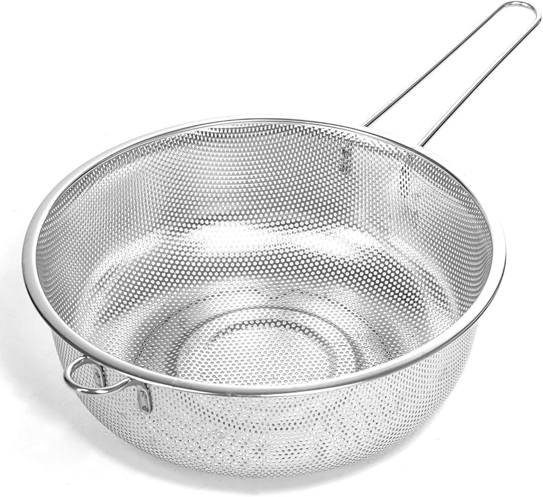Metal Fine Mesh Strainer and Colander for Kitchen with Handle, Stainless Steel Pasta Strainer/Kitchen Funnel/Collander/Sifter for Strain/Wash Vegetables, Fruits, Spaghetti, Rice (10.2)