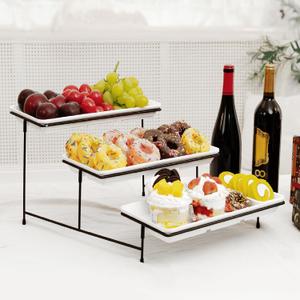 3 Tier Serving Tray for Party 14" White Reusable Dessert Table Display Set Black Metal Cupcake Stand Cookie Serving Platter for Serving Food Party Collapsible Sturdier Fruit Tiered Tray Stand Sturdier