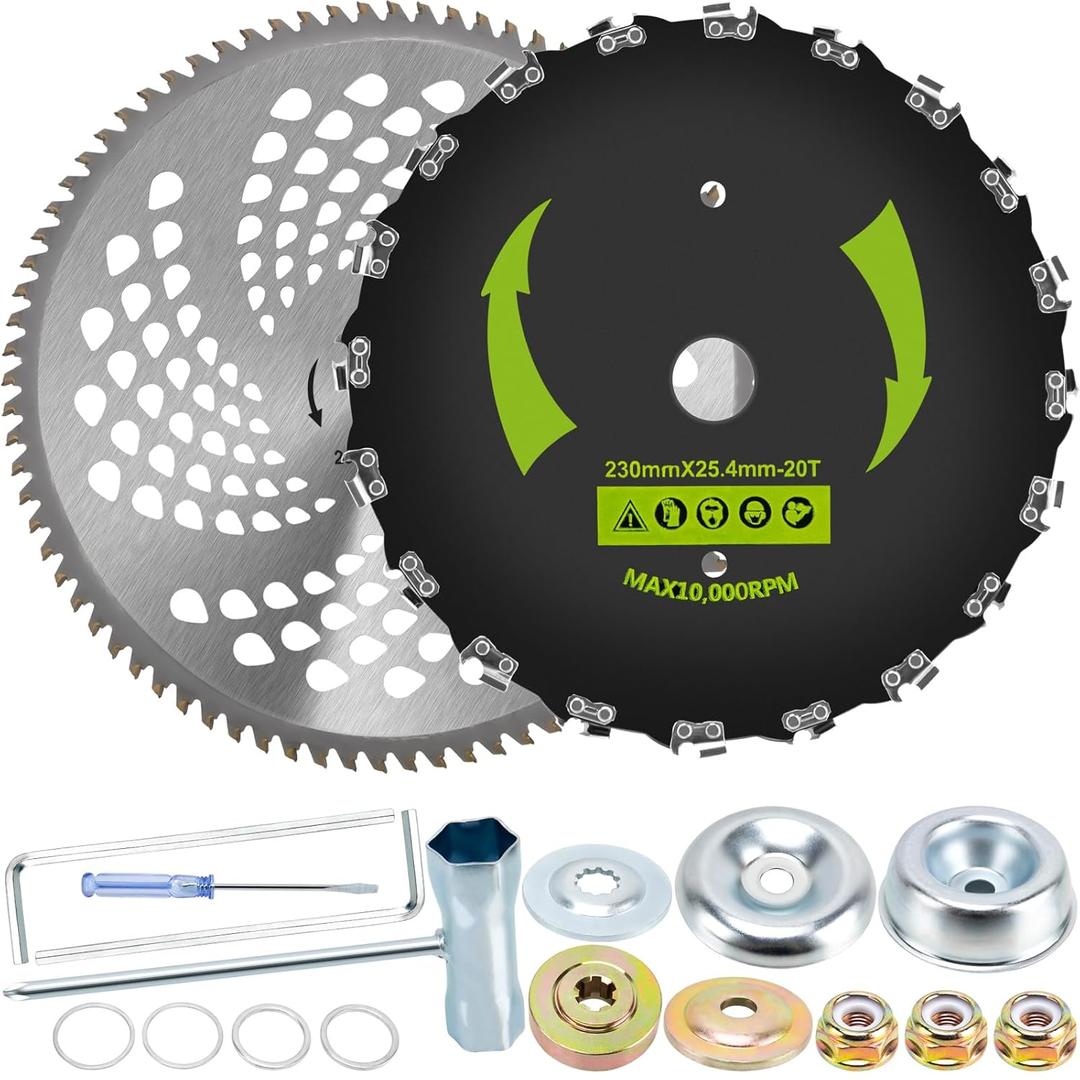 Brush Cutter Blade for Weedeater, 9" x 20T Chainsaw Tooth Cutter and 10" x 80T Carbide Tip Brush Blades with Universal Adapter Kit for Cutter, Weed Eater, Trimmer Brush Cutter Blade