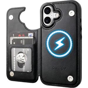 ONETOP Compatible with Magsafe for iPhone 17 Wallet Case with Card Holder, PU Leather Kickstand RFID Blocking Case, Double Magnetic Clasp and Durable Shockproof Cover 6.3 Inch (Black)