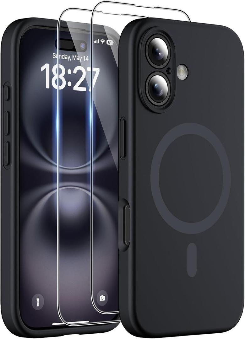 Magnetic for iPhone 16 Case, Compatible with MagSafe, Two 9H Screen Protectors, Full Camera Protection, Military-Grade Protection Silicone Phone Cover for 16 6.1", Black