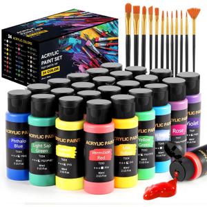 Acrylic Paint Set, 24 Colors (2 oz/Bottle) with 12 Art Brushes, Art Supplies for Painting Canvas, Wood, Ceramic & Fabric, Rich Pigments Lasting Quality for Beginners, Students & Professional Artist