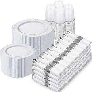 Nervure 700PCS Silver Plastic Plates - Silver Plastic Dinnerware Sets for 100 Guests - 200 Disposable Plates, 300 Silverware, 100 Cups, 100 Napkins for Wedding & Party (White and Silver)