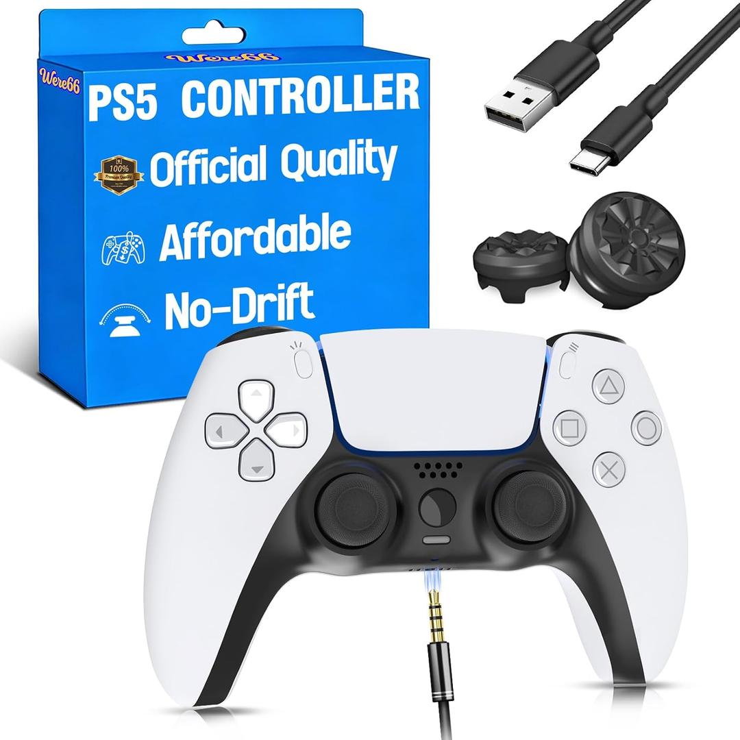 Were66 Upgraded for PS5 Controller Bundle,Wireless Remote Compatible with PS5 Pro/Slim/PC,No Drift Hall Effect Joysticks,Dual Vibration1 White Pa5 Gamepad and 2 Thumbsticks