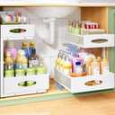 Under Sink Organizer, 2-Pack Pull Out Cabinet Organizer 2 Tier Metal Slide Out Storage Shelf Rack, L-Shaped Adjustable Height,Mesh Sliding Drawer for Kitchen, Bathroom, Laundry, Pantry, White, XL