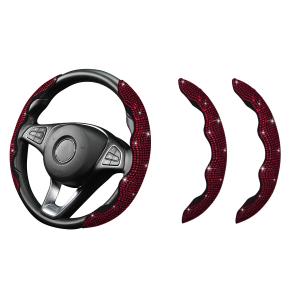 Osilly 2PCS Car Steering Wheel Cover, AntiSlip Sparkly Glitter Bling Diamond Crystal Rhinestones Automotive Steering Wheel Protector for Women Girls, Vehicle Accessories, Universal Fit（Red）