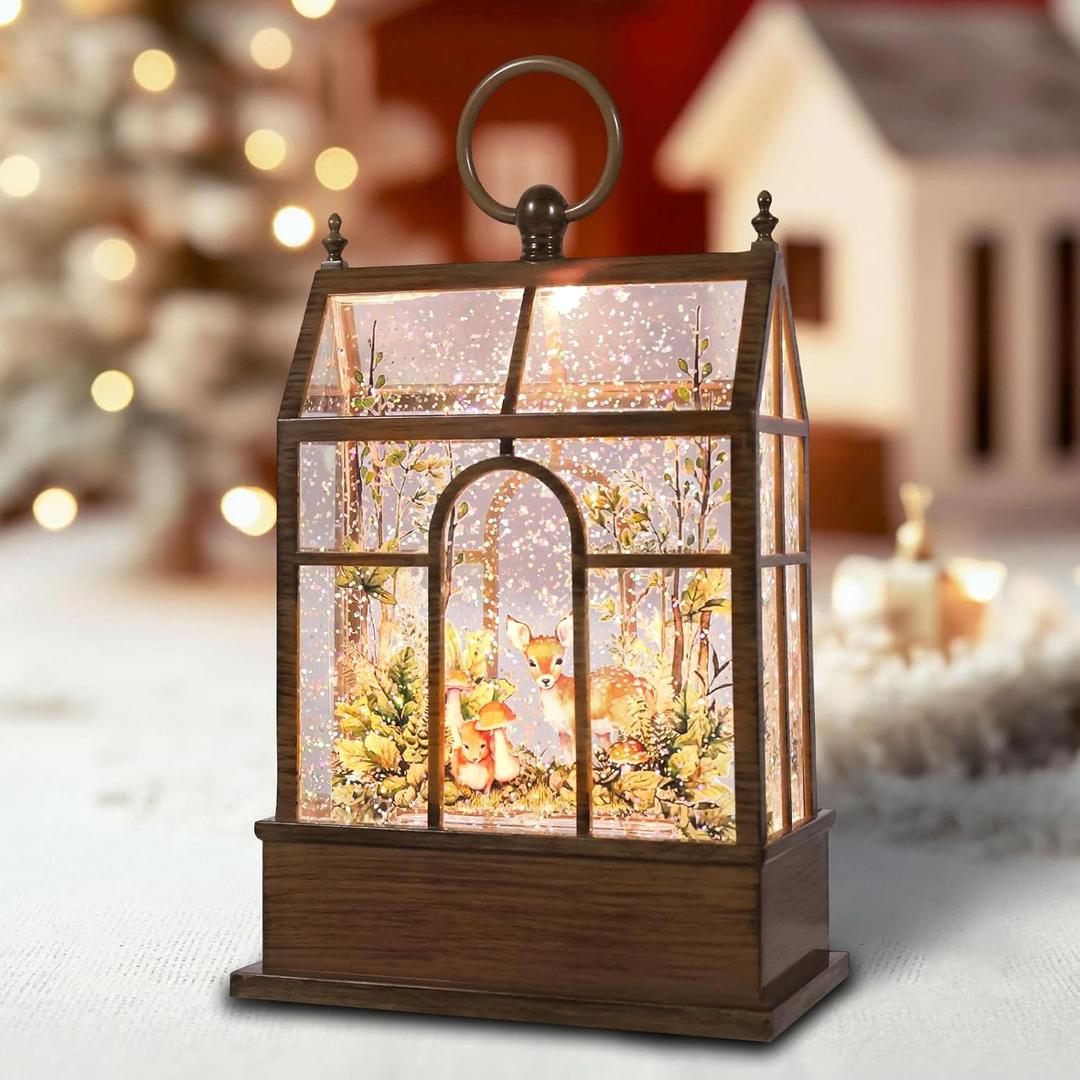Christmas Snow Globe Lantern Greenhouse Water Glittering Globe with Little Lawn 6H Timer Function Christmas Snow Globes 3 AA Battery Operated for Christmas Festival Decorations Gifts (Greenhouse)