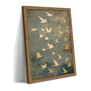 Framed Flock of Birds Canvas Wall Art, Vintage Minimalist Abstract Landscape Painting, Neutral Gold Birds Spiritual Wall Decor, Modern Aesthetic Pictures for Bedroom Living Room 8x10 inch