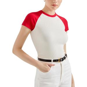 SUUKSESS Women Ribbed Striped Short Sleeve Slim Fit Tops Summer Crew Neck Color Block Going Out T Shirt (XL)