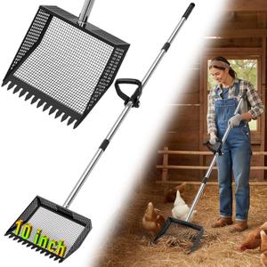 TOOGE Large Chicken Poop Scooper: 2-in-1 Metal Pooper Scooper & Rake Adjustable 62" Long Handle Stainless Steel Sand Sifting Litter Shovel Chicken Coop Scoop Cleaning for Bedding Goats Bright Black