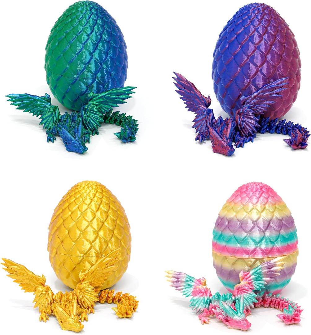 4 Pack 3D Printed Dragon Egg - Easter Basket Stuffers, Small Egg with Wings Dragon Inside, 3D Printed Fidget Toys, Surprise Toys for Gift, Desk Executive Pet
