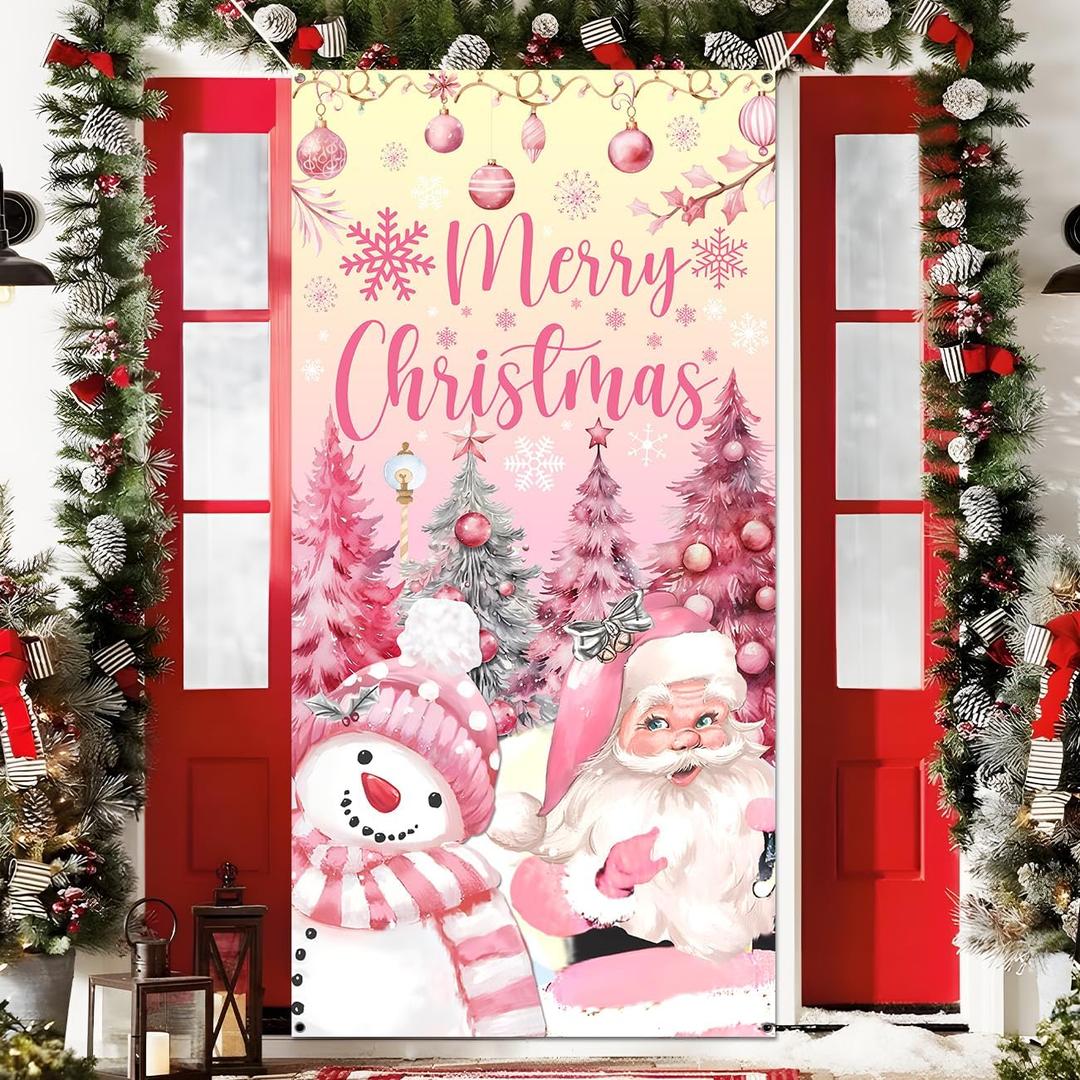 Merry Christmas Door Cover Pink Christmas Decorations, Santa Claus Door Hanging Banner Pink Christmas Snowman Backdrop Banner for Home Front Door Holiday Xmas Party