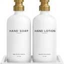 Luxury Glass Soap and Lotion Dispenser Set with Tray by Brighter Barns - Hand Soap Dispenser Bathroom Set & Stainless Steel Pump for Home or Airbnb - White and Gold Bathroom Accessories & Decor (Gold)