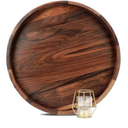 18 Inches Extra Large Round Black Walnut Wood Ottoman Tray with Handles, Serve Tea, Coffee or Breakfast in Bed, Classic Circular Wooden Decorative Serving Tray