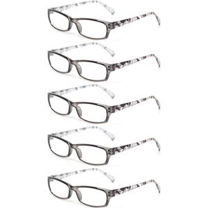 Kerecsen Reading Glasses 5 Pairs Fashion Ladies Readers Spring Hinge with Pattern Print Eyeglasses for Women (5 Pack Gray, 1.75)