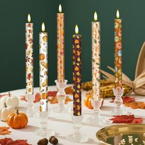 6 Pack Fall Flameless Taper Candles 10.6'' Plastic LED Candles 3D Wick Flickering Electric Tall Candlesticks Battery Operated for Thanksgiving Fall Autumn Home Party Decor