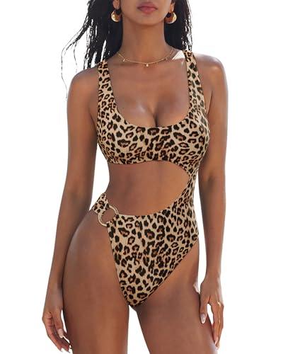 SUUKSESS Women Sexy One Piece Tummy Control Swimsuit Cutout Backless Slimming Swimwear 2025 Cheeky Side O-Ring Bathing Suit (Leopard,Medium)