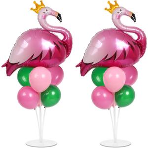 2 Sets Summer Tropical Flamingo Balloon Column Stand Kit with 102 Pink Green Flamingo Foil Balloons 5.57ft Balloon Tower Stand with Base Arch Column for Birthday Wedding Hawaiian Luau Party Decortions