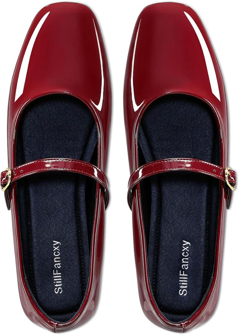 Women's Mary Jane Flats Closed Round Toe Ballet Flat Dressy Comfortable Slip on Shoes (8, Burgundy Patent)