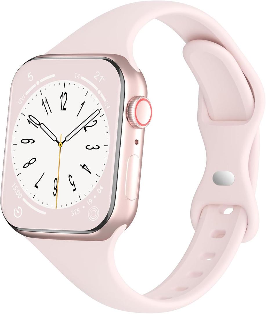 Sport Slim Silicone Bands Compatible for Apple Watch Band 38mm 42mm 40mm 44mm 41mm 45mm 46mm 49mm, Thin Narrow Replacement Strap Wristband for iWatch Series 11/10/9/8/7/SE/6/5/4/3/2/1/Ultra Women Men (Sand Pink)