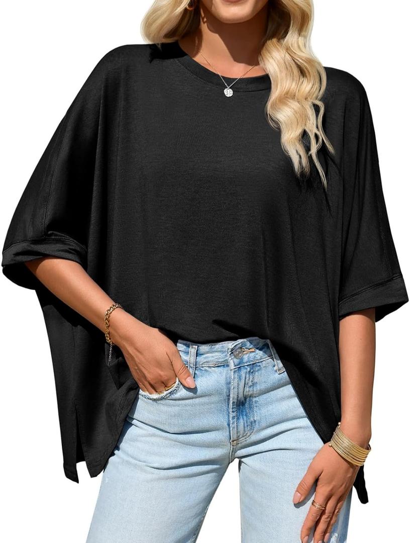 Tankaneo Womens Oversized Tshirts Batwing Short Sleeve Asymmetric Hem Tops Summer Casual Loose Fit Tunic Tee Shirts (Size Small, Black)
