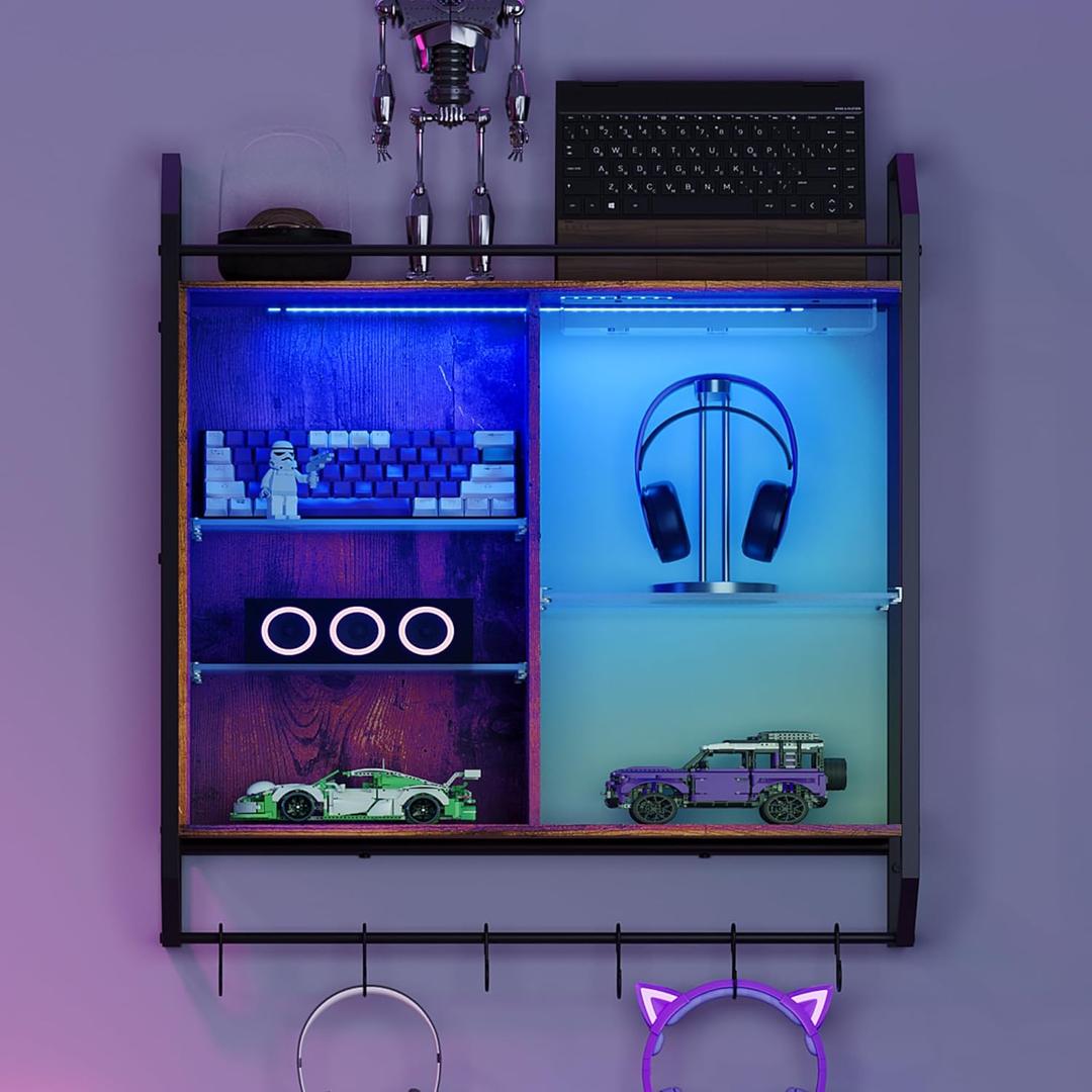 Wall Mounted Rack with LED Lights and Glass Holder, Floating Shelves with 6 S-Hooks,Hanging Glass Rack for Coffee Bar,Home Decor,Gaming Shelf, Hanging Display Rack Bookshelf, Teen Boys Bedroom