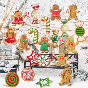 Geosar 20 Pcs Large Christmas Peppermint Gingerbread Decorations Doublesided Outdoor Yard Signs Hanging Candy Ornaments for Decorations Christmas Tree Party Decor(Gingerbread)