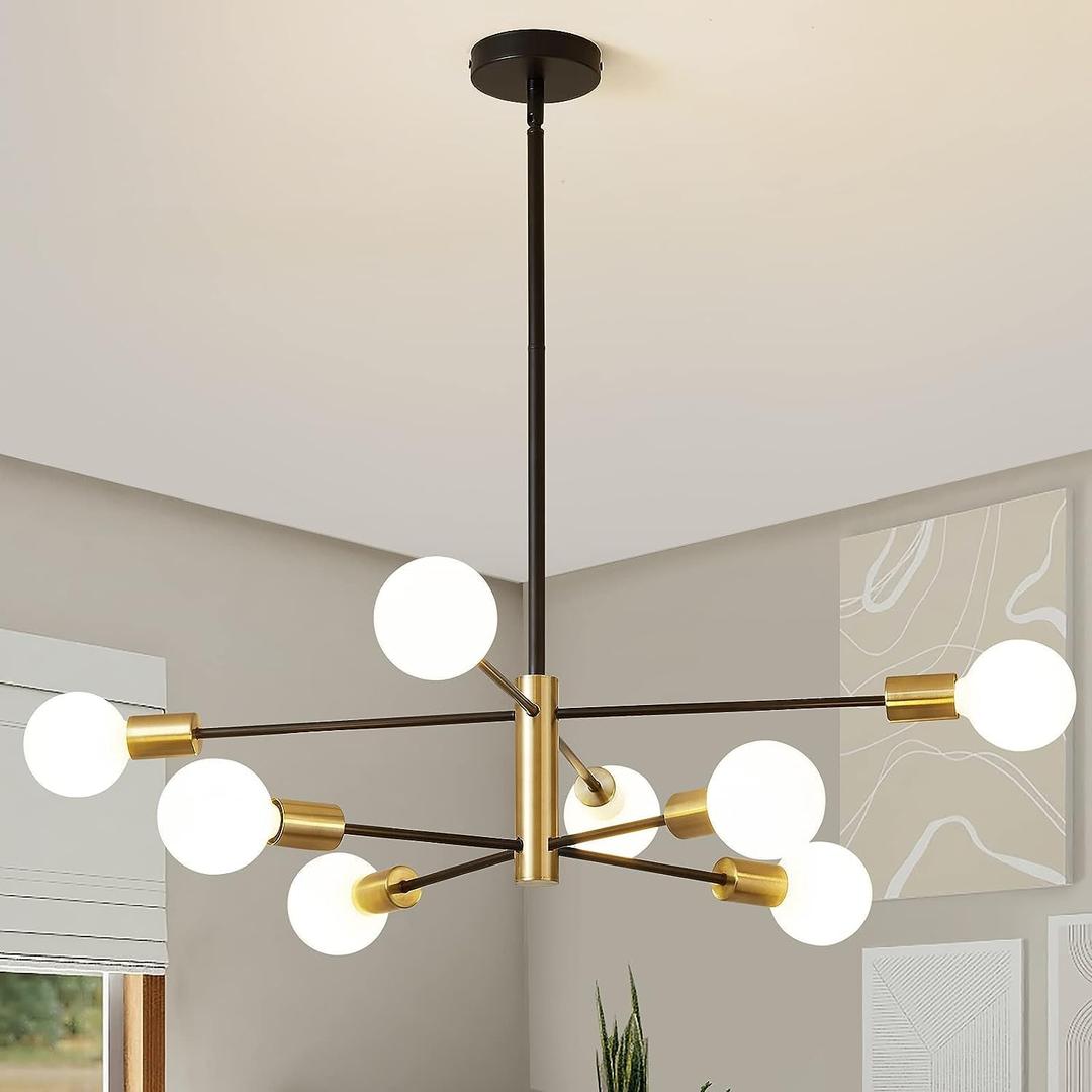 Sputnik Chandelier Black and Gold Ceiling Light Height Adjustable E27 Modern Ceiling Lighting Fixture Farmhouse Pendant Lamp for Living Room Bedroom Dining Room Kitchen Office (8-Light)