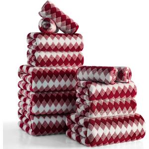 12 Pcs Burgundy Diamond Towel Set-4 Bath Towels,4 Hand Towels,4 Washcloths Soft Polyester Towels with Loop Absorbent Shower Towel Quick Dry Beach Chair Towel Family Towels for Bathroom Spa Gym Pool