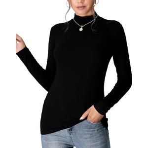 MANGDIUP Women's Mock Turtleneck Long Sleeve Sleeveless Pullover Tops Slim Fit Basic T-Shirts (Black, M)