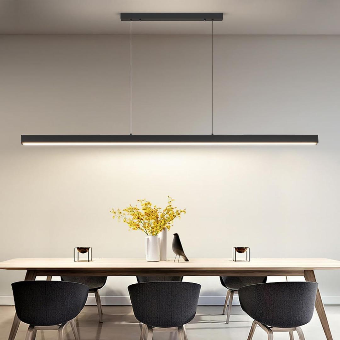 70" LED Linear Pendant Light Fixtures, 25W Dimmable Pool Table Light with Remote, Modern Island Lights for Kitchen Dining Room Living Room Office Bar, 3000k-6000k, Black (71IN)