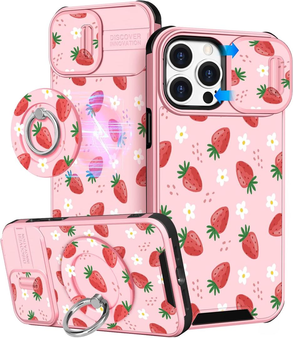 Buleens for iPhone 15 Pro Case 6.1 Inch - with Ring Stand & Camera Cover Aesthetic Cute Designed for Women Girls Girly Pretty Strawberry for Phone Case for iPhone 15 Pro Compatible with Magsafe (Cute Strawberry)