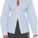 Women Long Sleeve Button Down Shirt Tie Back Cinched Waist Lapel Collar Corset Blouse Work Casual Dressy Tunic Shirt (Large, Sky Blue)