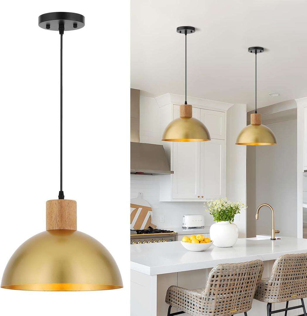 Gold Pendant Light, 11.8" Wood Pendant Lights Fixtures Adjustable Modern Dome Hanging Lighting,for Kitchen Island Dining Room Farmhouse Sink Office Bedroom