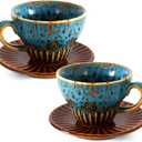 2 oz Espresso Cups Set of 2, Ceramic Cappuccino Cups with Saucers, Durable Porcelain Tea Set & Modern Coffee Cup Collection, Coffee Lover Gifts, Glazed Blue