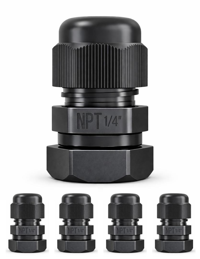MGI SpeedWare 1/4" NPT Strain Relief Nylon Cord Grip Cable Glands, Black Plastic Grommet 5-Pack
