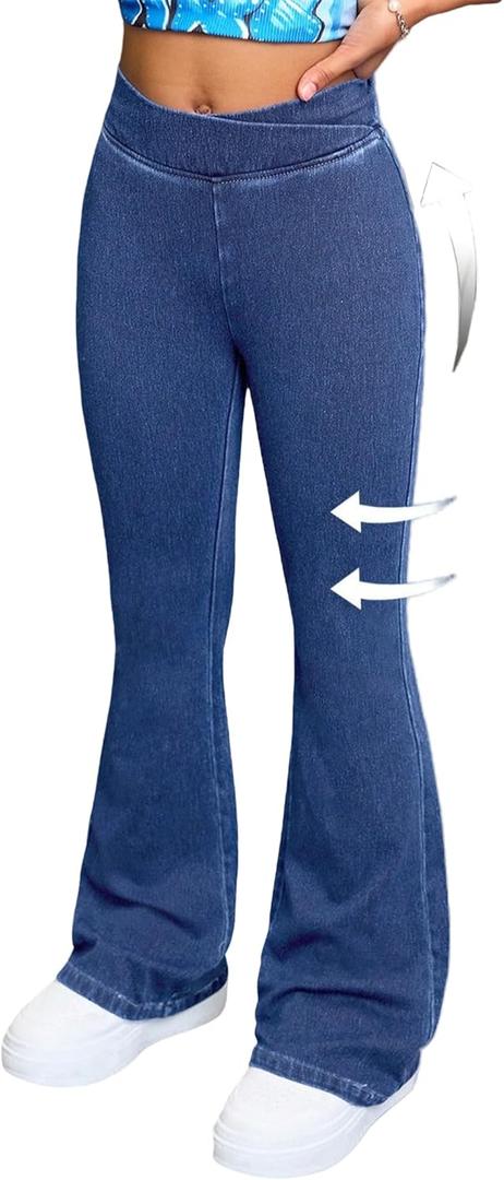 Girls Stretch Flare Jeans Crossover Waist Denim Pants Exercise Basics Slim Casual Streetwear (11 Years, Blue)