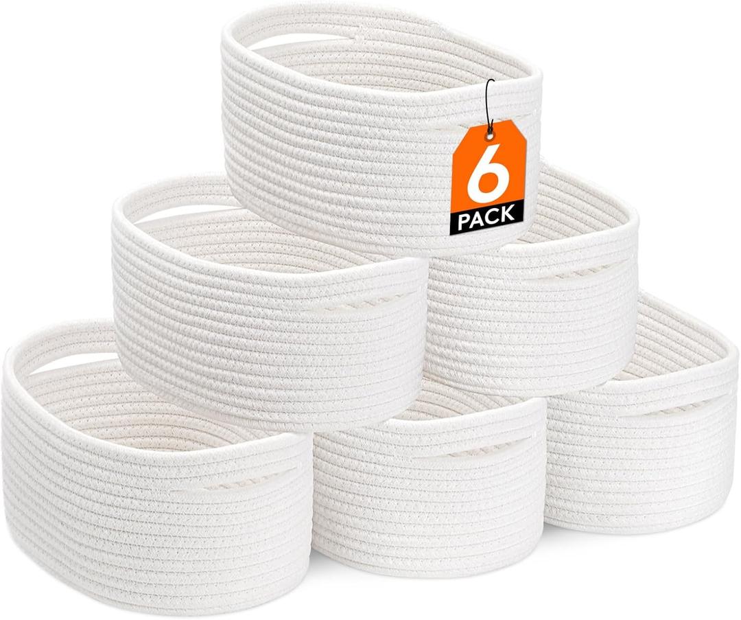 Lifewit 6 Pack Woven Baskets for Storage, Cotton Rope Baskets Cube Storage Bins, Cute Small Shelf Baskets for Organizing, Round Storage Box Caddy for Closet, Living Room, Bedroom, Playroom, White