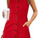 luvamia Women's Casual V Neck Sleeveless Jeans Button Down Denim Short Dress (L, Red)