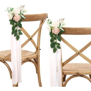 Wedding Aisle Decorations - Set of 10 Pew Flowers - Artificial Roses & Eucalyptus - Pink & Cream - 5.5" x 13" - Elegant Traditional Modern Style - Chair Flowers