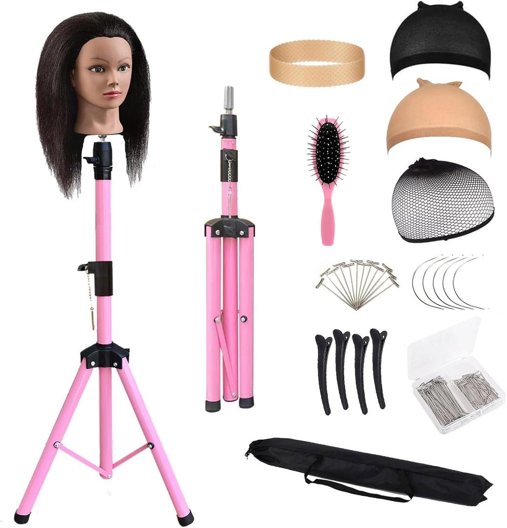 Reinforced Wig Stand Tripod 59" Heavy Duty Adjustable Mannequin Head Stand Tripod for Styling Cosmetology Hairdressing Training, Pink Wig Head Stand Sets with Wig Caps,Comb,Hair Clips, T-Pins,Headband