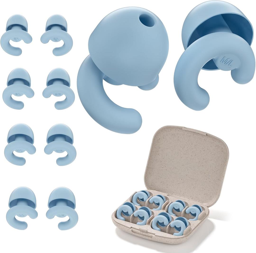 Noise Cancelling Ear Plugs for Sleep, Small Ear Fit - No-Pain for Side Sleepers, 50dB NRR Reusable Silicone One-Piece Design, 4 Sizes for Adults & Kids, Portable Case