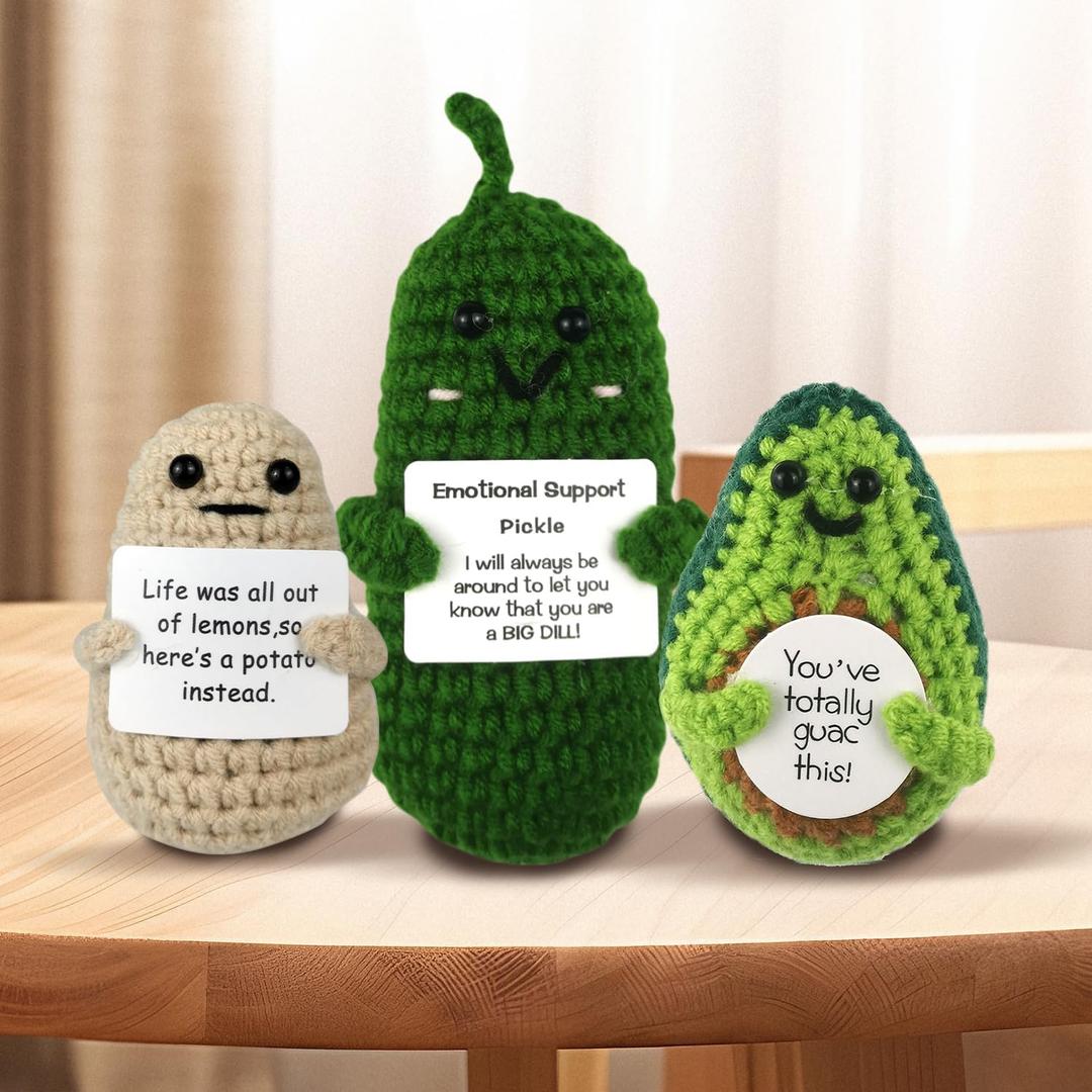 Positive Potato Crochet Emotional Support Gifts for Women Men, Knitted Cute Dolls Stocking Stuffers for Friends, Colleagues, relatives, children Birthdays Desk Home Decor (Potatoes Pickle Avocado)