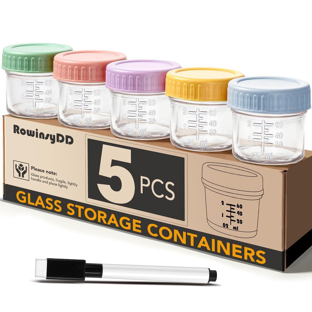 5 Pack Glass Baby Food Storage Containers, 4 oz Leakproof Baby Food Jars with Lids, Small Glass Food Containers for Infant Baby, Freezer & Microwave Safe, BPA Free, Multi Color 